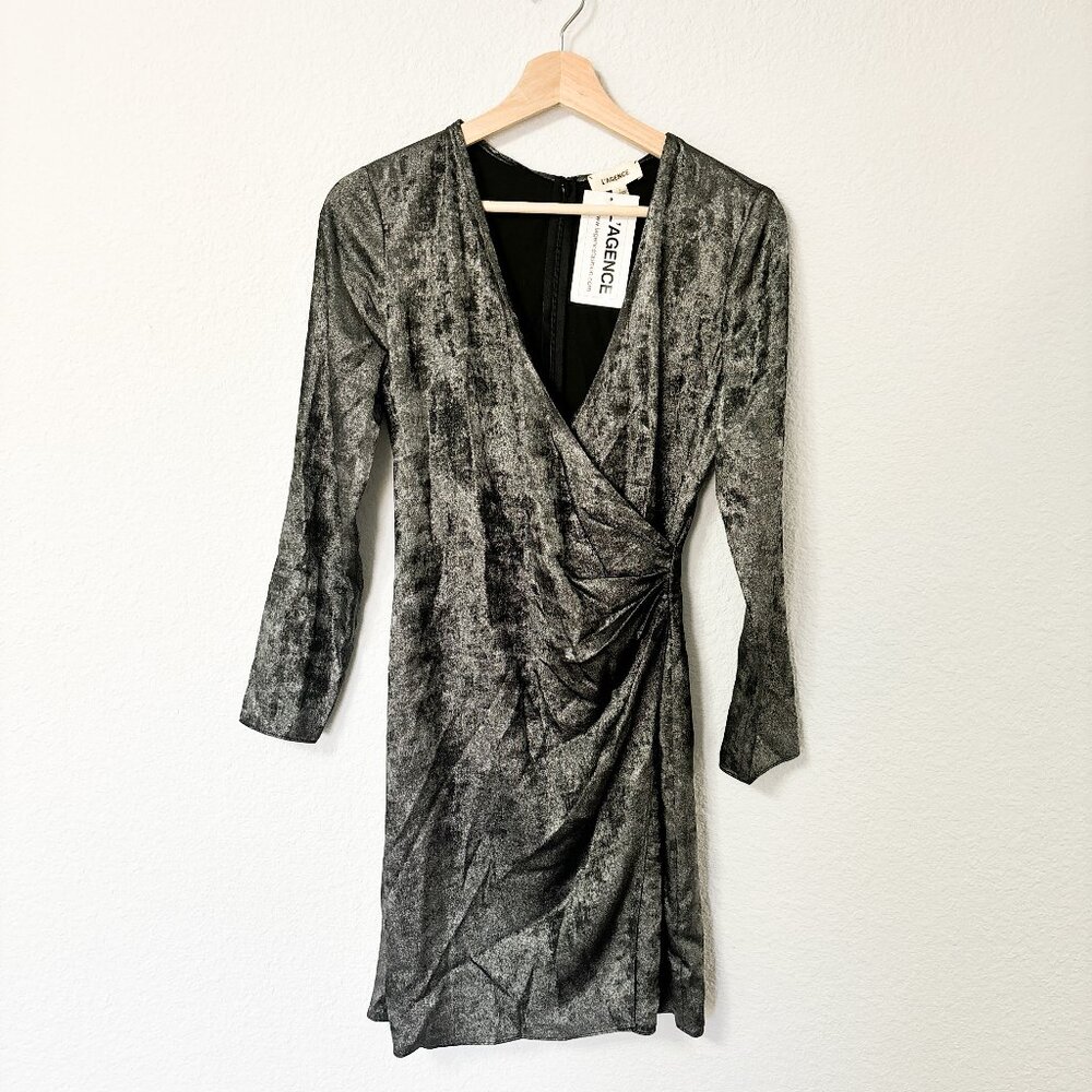 NWT L’AGENCE Metallic Foiled Satin 3/4 Sleeve Draped V-Neck Faux Wrap Mini Dress